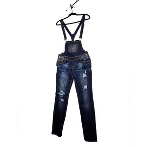 Almost Famous Distressed Denim Overalls Sz 9 Dark Wash Adjustable Straps
